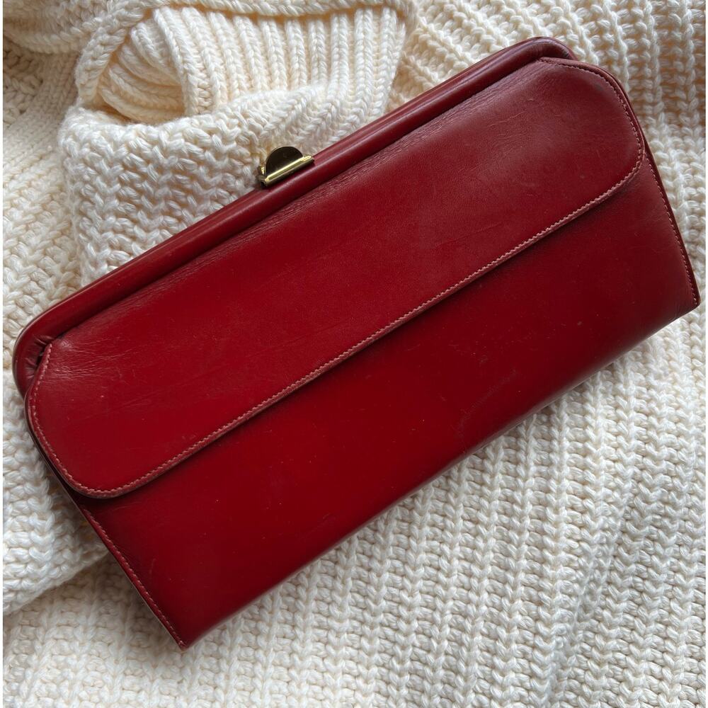 Vintage 1970s Companion Red Leather Clutch Bag Brass Turn Lock